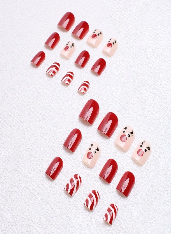 OCOUYVD Christmas Short Square Press on Nails Winter Xmas Red and White Stripe Reindeer Designs Pink Glossy False Nail Full Cover Christmas Acrylic Stick on Nails for Women Nail Art DIY 24 Pcs - Image 4